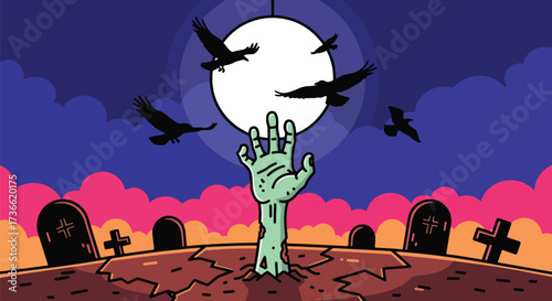 Cartoon illustration of a zombie hand rising from a graveyard at night with flying crows and eerie trees, perfect for Halloween posters, horror themes, and spooky seasonal designs