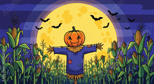 Vector illustration of a spooky scarecrow with a jack-o’-lantern head in a cornfield at sunset with flying bats, perfect for Halloween designs, seasonal posters, and eerie holiday themes