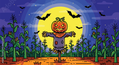 Vector illustration of a spooky scarecrow with a jack-o’-lantern head in a cornfield at sunset with flying bats, perfect for Halloween designs, seasonal posters, and eerie holiday themes