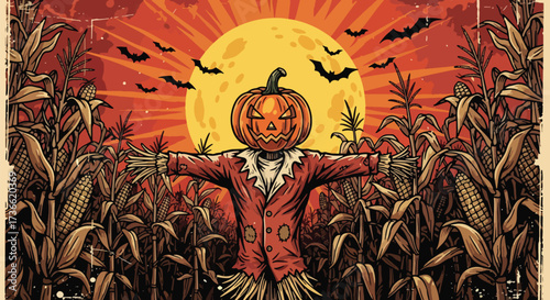 Vector illustration of a spooky scarecrow with a jack-o’-lantern head in a cornfield at sunset with flying bats, perfect for Halloween designs, seasonal posters, and eerie holiday themes