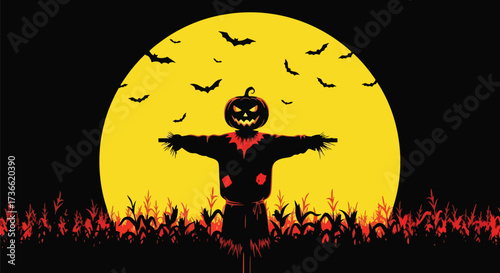 Vector illustration of a spooky scarecrow with a jack-o’-lantern head in a cornfield at sunset with flying bats, perfect for Halloween designs, seasonal posters, and eerie holiday themes