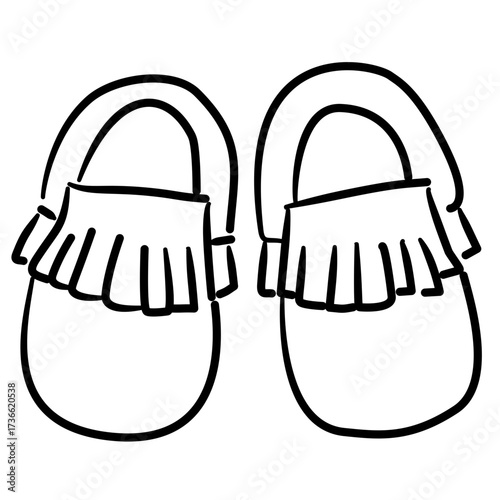 Baby shoes pair of tiny moccasin shoes with fringe baby shower line art doodle illustration hand drawn black and white outline sketch for invitations stickers patterns and crafts