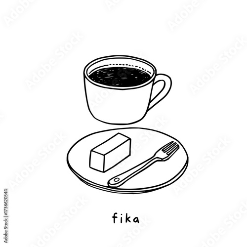 Illustration of coffee cup with dark liquid above a plate with cake and fork in black lines