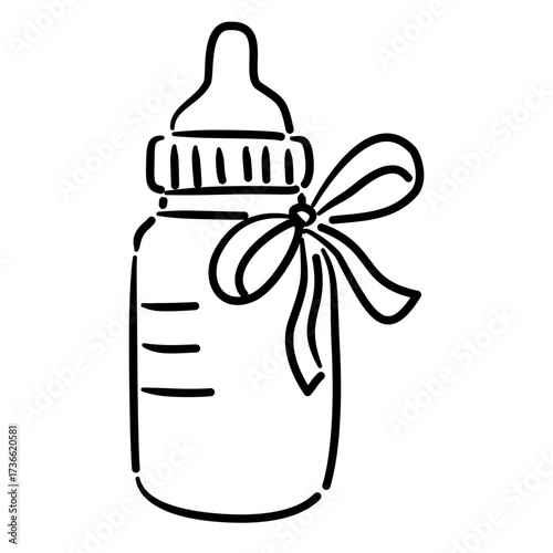 Milk bottle with bow baby shower line art doodle illustration hand drawn black and white outline sketch for invitations stickers patterns and crafts
