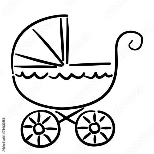 old fashioned boho style stroller baby shower line art doodle illustration hand drawn black and white outline sketch for invitations stickers patterns and crafts