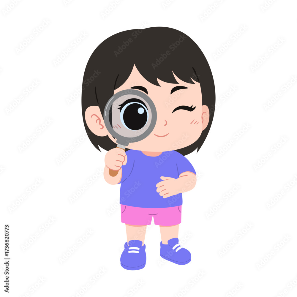 Fototapeta premium illustration of a little cute girl holding a magnifying glass on an isolated transparent background