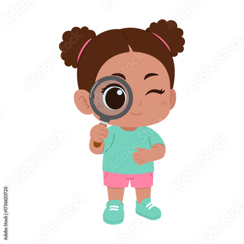 illustration of a little cute girl holding a magnifying glass on an isolated transparent background