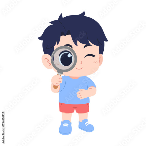 illustration of a little cute boy holding a magnifying glass on an isolated transparent background