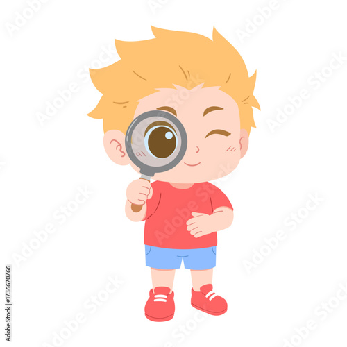 illustration of a little cute boy holding a magnifying glass on an isolated transparent background