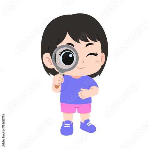 illustration of a little cute girl holding a magnifying glass on an isolated transparent background