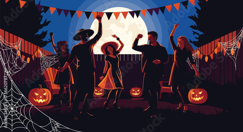 Vector illustration of people dancing at a Halloween party with jack-o’-lanterns, spider webs, and festive decorations under the full moon, ideal for seasonal promotions, posters, and invitations