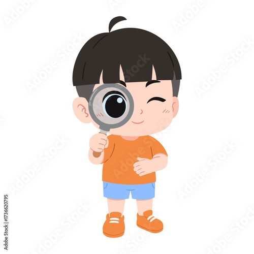 illustration of a little cute boy holding a magnifying glass on an isolated transparent background