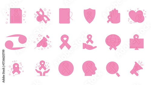 A set of solid pink icons for a breast cancer awareness campaign in October. A modern vector outline graphic pack of symbols related to cancer awareness, treatment, support for patients and survivors.