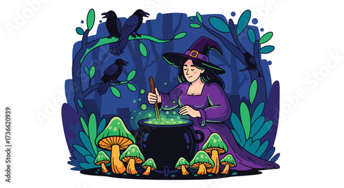 illustration of a witch stirring a bubbling cauldron in a forest with mushrooms and crows, perfect for Halloween designs, spooky storytelling, and seasonal marketing projects