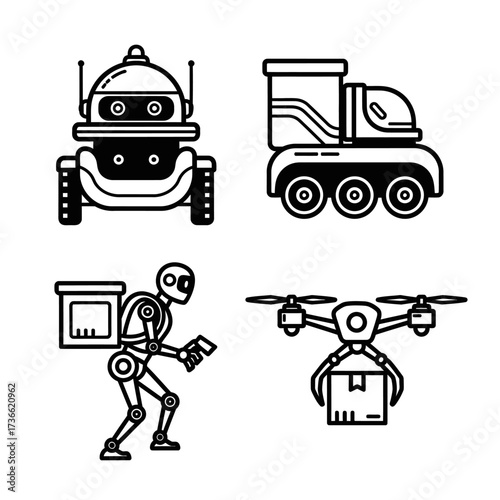 Collection of black and white illustrations depicting various delivery methods using robots and autonomous vehicles.