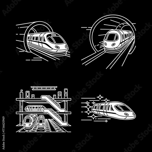 Monochrome illustration of high-speed trains in various settings.