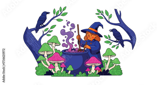 illustration of a witch stirring a bubbling cauldron in a forest with mushrooms and crows, perfect for Halloween designs, spooky storytelling, and seasonal marketing projects
