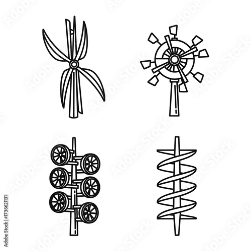 Four black and white illustrations of different types of wind-powered devices for energy production.
