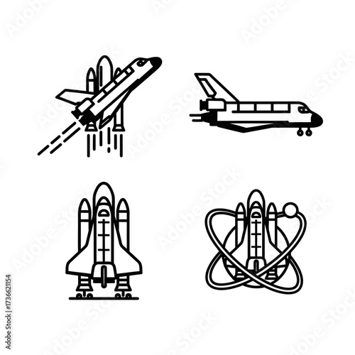 A set of four black and white line art icons depicting a space shuttle during launch, in flight, on the pad, and as a science symbol.