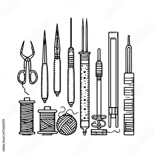 A collection of vintage sewing and needlework tools including bobbins and various needle instruments