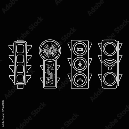A collection of four stylized traffic lights, each with unique symbols and designs, presented in a white outline on a black background.