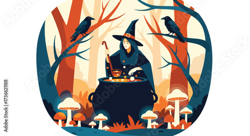 illustration of a witch stirring a bubbling cauldron in a forest with mushrooms and crows, perfect for Halloween designs, spooky storytelling, and seasonal marketing projects