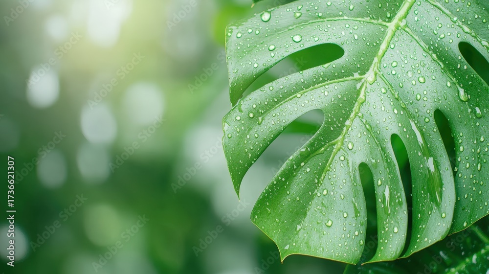 Fototapeta premium Lush green monstera leaf adorned with droplets, creating a fresh, vibrant look, Ideal for themes of nature, wellness, and tropical aesthetics in marketing materials or decor,