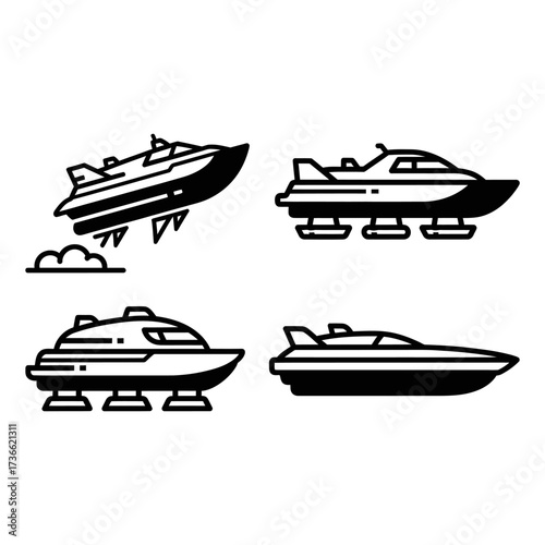 Four black and white line art illustrations of futuristic boats, including hovercrafts and speedboats, on a white background.