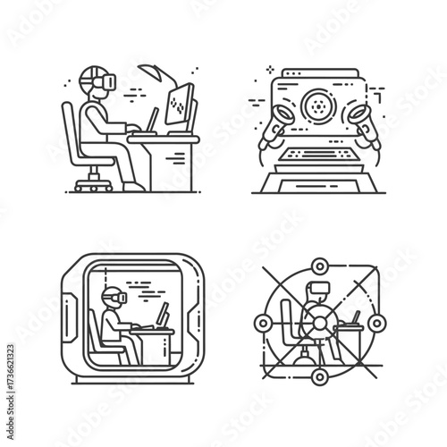 Four detailed line art illustrations depicting people interacting with virtual reality technology.