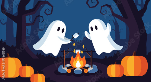 Cartoon illustration of spooky ghosts gathered around a campfire in a haunted forest with carved pumpkins, perfect for Halloween designs, party invitations, and seasonal marketing