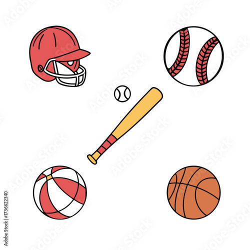 Orange leather basketball and various sports balls on a white background, representing team game competition and play equipment