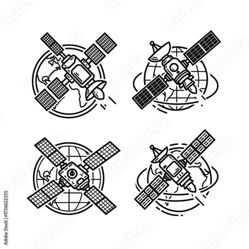 Four black and white illustrations of satellites orbiting the Earth, showcasing technology.