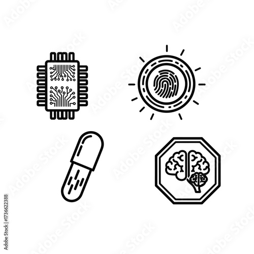 A collection of four distinct icons representing technology, security, medicine, and neuroscience.