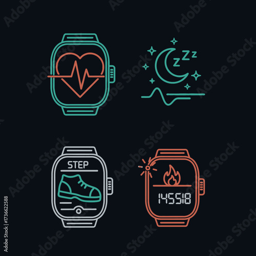 Four fitness tracker icons showing heart rate, sleep, steps, and calories burned.