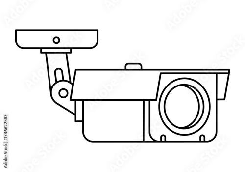 Hand drawn cute outline illustration of security camera. Flat vector outdoor optical cctv sticker line art doodle. Video surveillance system icon. Spy or track cam. Warden or guard concept. Isolated.