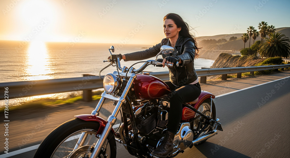Obraz premium Stylish Lady Biker with Long Hair on a Sports Bike. Black Jacket Fashion Photography