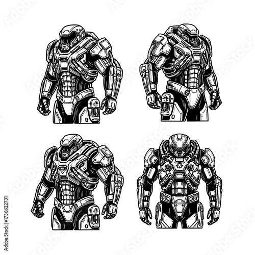 Four detailed black and white illustrations of futuristic armored combat suits or power armor designs, showcasing various mechanical and protective elements.