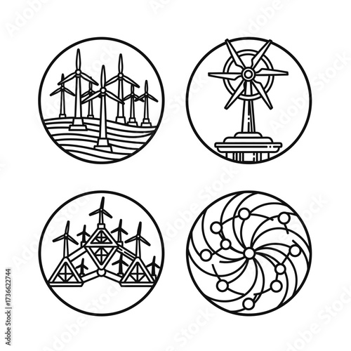Four circular wind energy icons: turbines, generators, and futuristic designs.