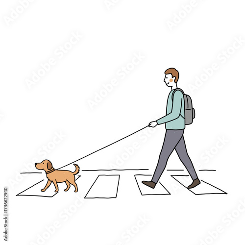 Man walking dog across street in casual attire with backpack  
