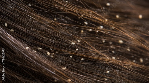 Close up of nits or lice eggs on dark brown hair strands
