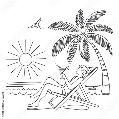 Relaxing tropical beach scene with person and palm tree