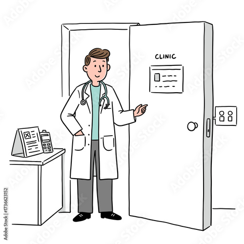 Doctor standing in clinic doorway with confident smile in medical setting  