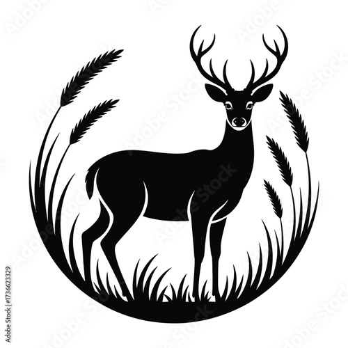 Silhouette of a majestic stag standing in tall grass and reeds