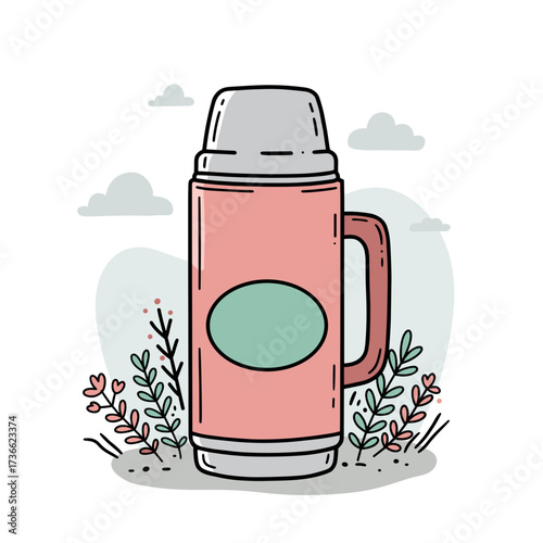 Thermos bottle surrounded by plants and clouds in a pastel style  