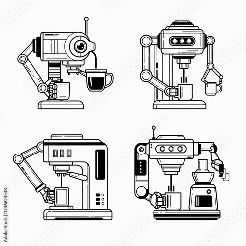 A set of four futuristic robot barista coffee machines illustrated in a black and white line art style.