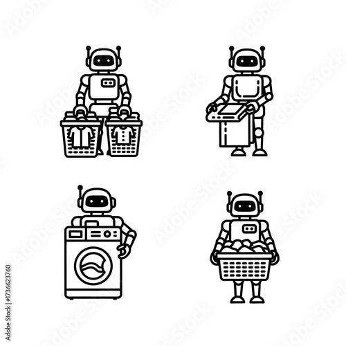 Four laundry robots doing chores in a line art style.