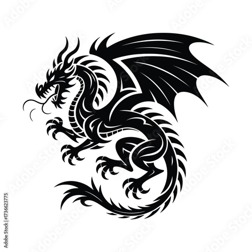 Fierce black dragon illustration with wings and sharp claws