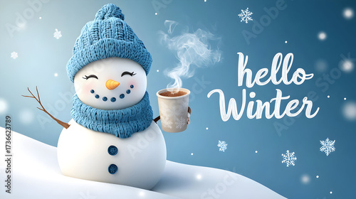 Charming winter scene with smiling snowman holding hot chocolate