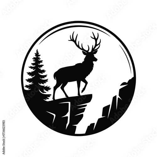 Majestic deer silhouette on rocky cliff overlooking forest