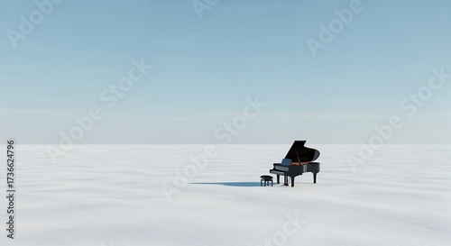 A sleek black grand piano and matching stool stand isolated in a vast, pristine white snowfield under a clear, serene pale blue sky, creating a minimalist and surreal landscape.